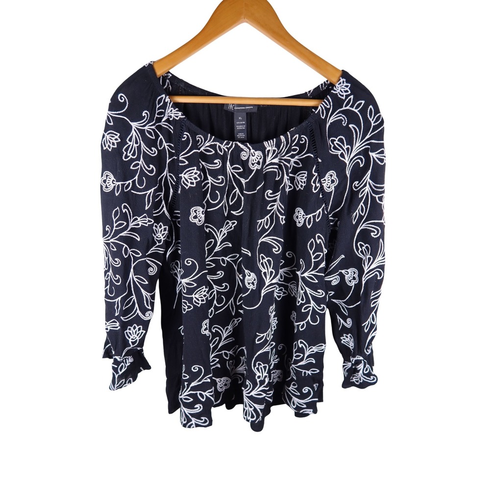 INC International Concepts XL Navy Blue White Floral Embroidered Peasant Blouse